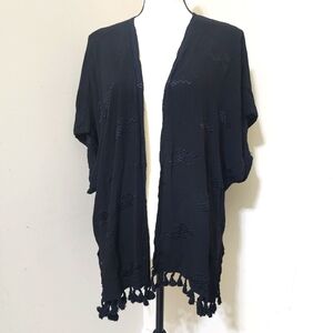 FRANCESCA'S‎ Embroidered Tasseled Kimono Open Front Swim Cover Up Black One Size